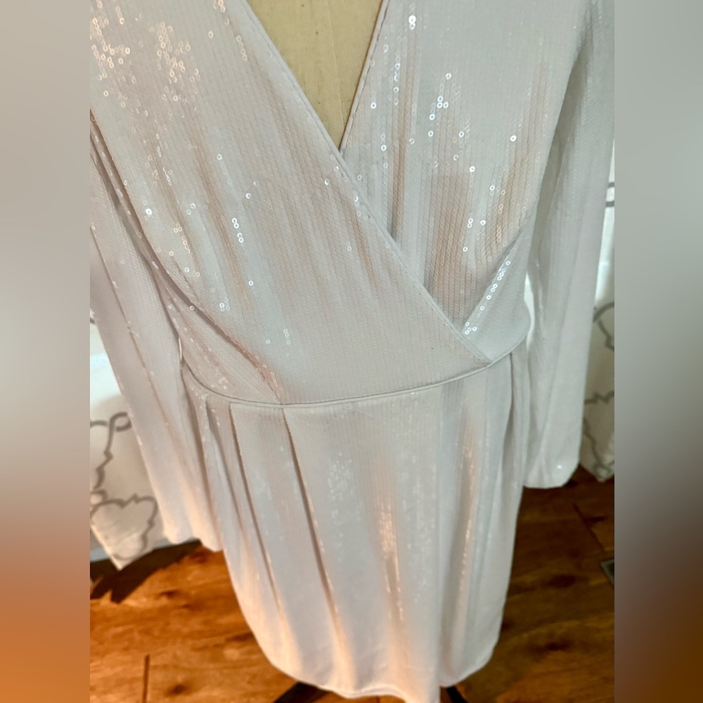 Calvin Klein Long Sleeve Sequin Wrap Dress in white